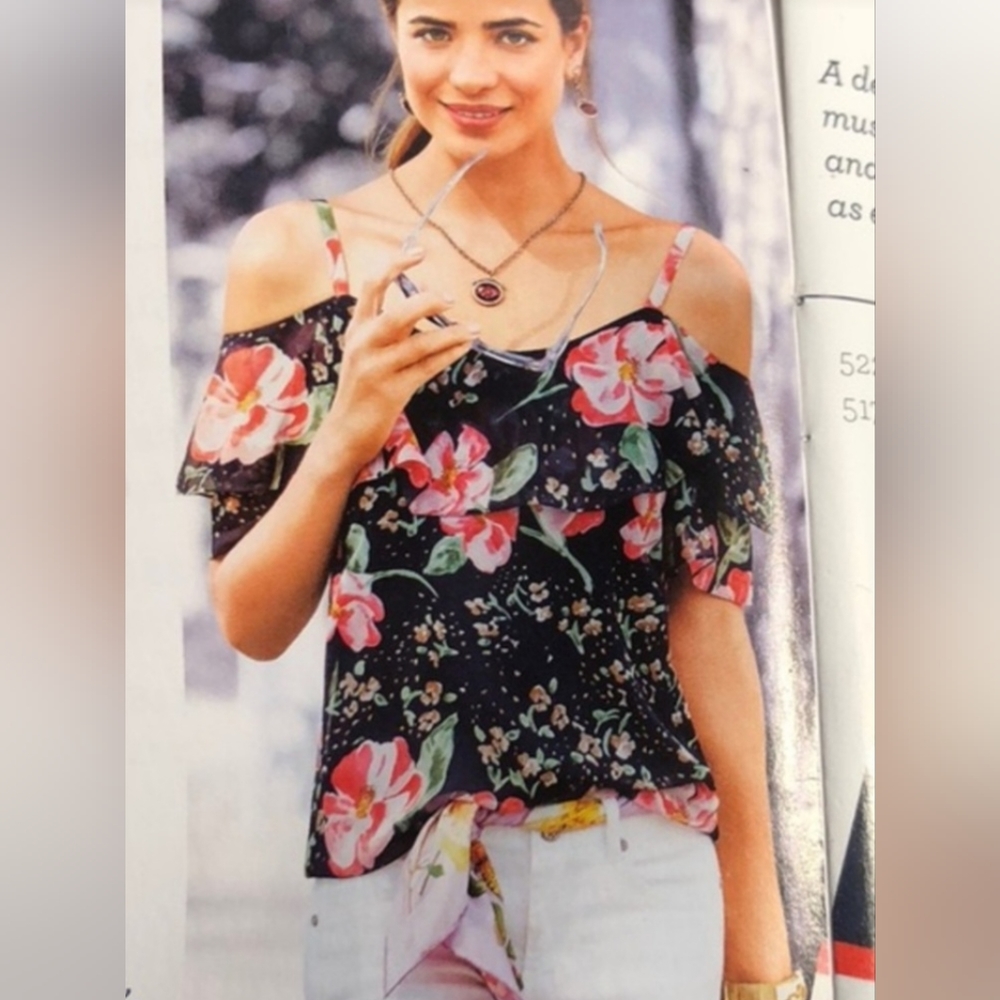 Cabi Navy Multicolor Floral Short Sleeve Cold Shoulder Blouse L